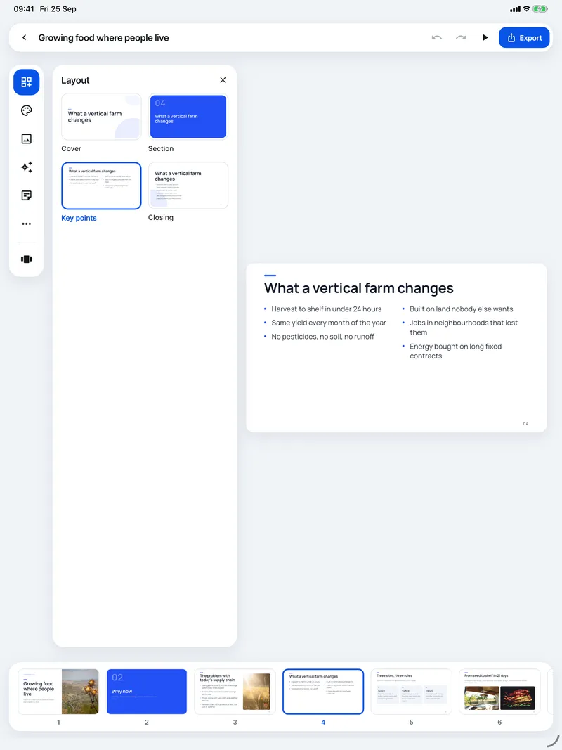 The Layout panel on iPad: every layout the slide fits, next to the canvas.
