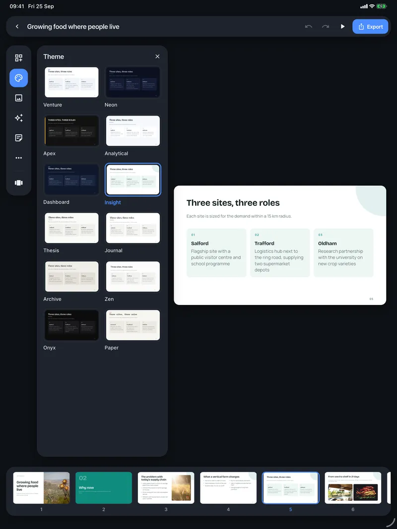 The Theme panel on iPad in dark mode, next to the slide it restyles.