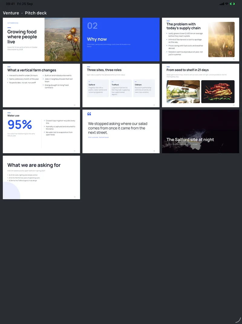 All ten layouts of the sample deck in the Venture theme.