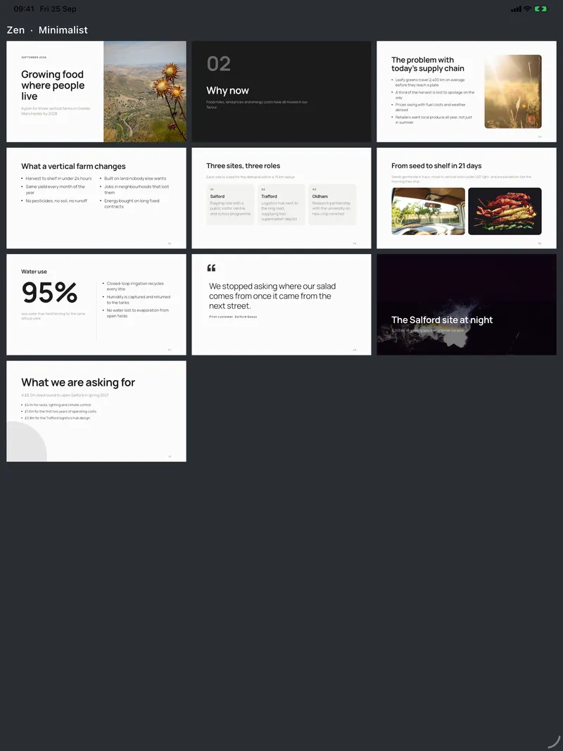 All ten layouts of the sample deck in the Zen theme.