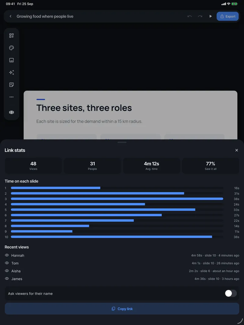 Link stats on iPad over the editor.
