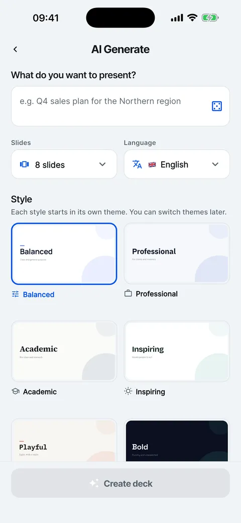 The create form: topic box, slide count, deck language and the style grid.