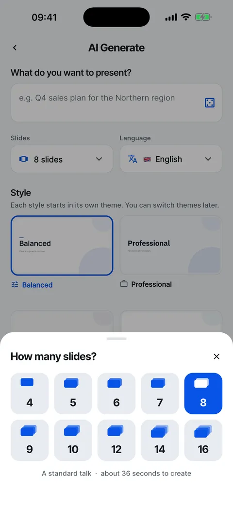 The How many slides? sheet with counts from 4 to 16 and a time estimate.