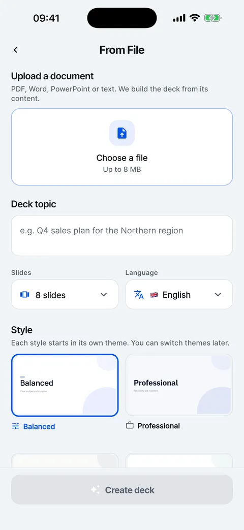 Create from a file: choose a PDF, Word, PowerPoint or text file up to 8 MB.
