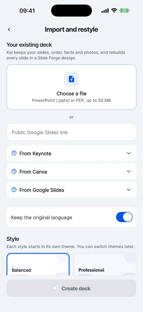 Import and restyle: choose a PowerPoint or PDF file or paste a public Google Slides link.