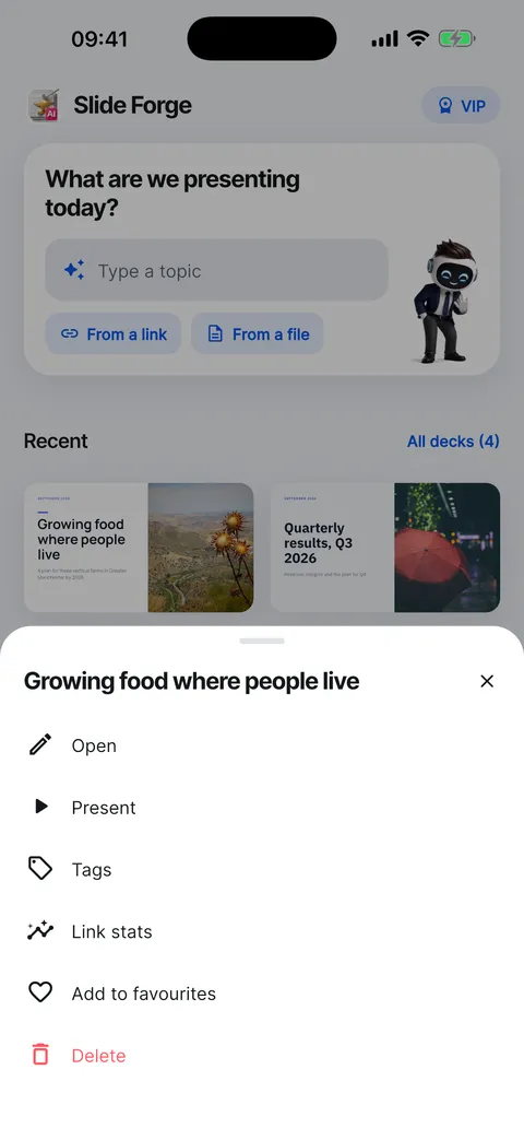 The menu on a deck card: Open, Present, Link stats, Tags and Delete.