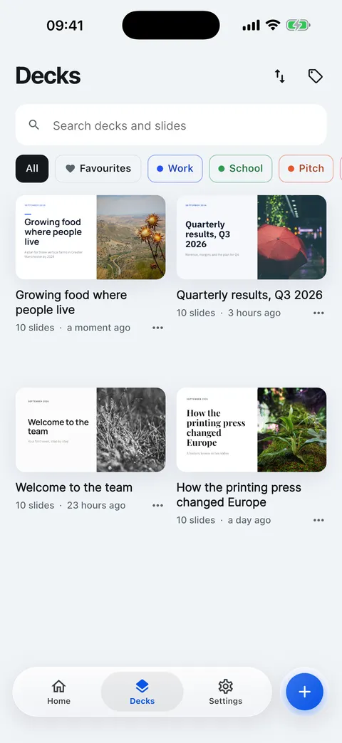 The Decks tab: search, sort, tags and every deck on the device.
