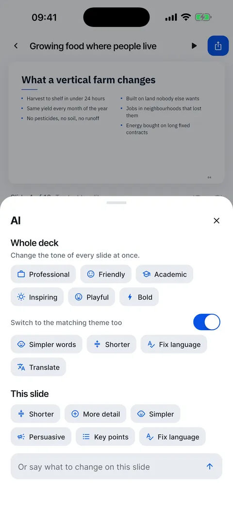 The AI panel: whole-deck tone changes, Simpler words, Shorter, Fix language, Translate, and changes for this slide.