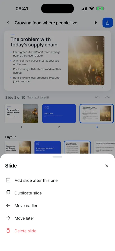 The Slide panel: add a slide after this one, duplicate, move earlier or later, delete.