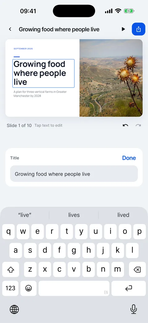Editing the title of a slide: the text field under the slide updates the slide as you type.