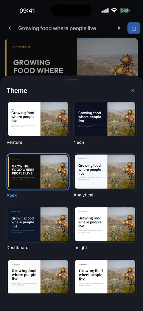 The Theme panel in dark mode: twelve themes previewed on your own cover slide.