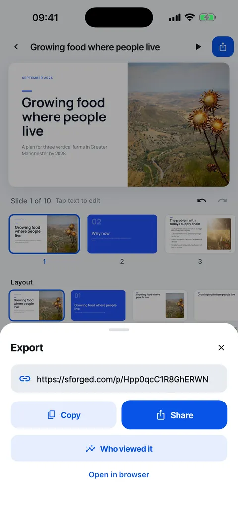 A web link made from the Export sheet, with Copy, Share, Open in browser and Who viewed it.