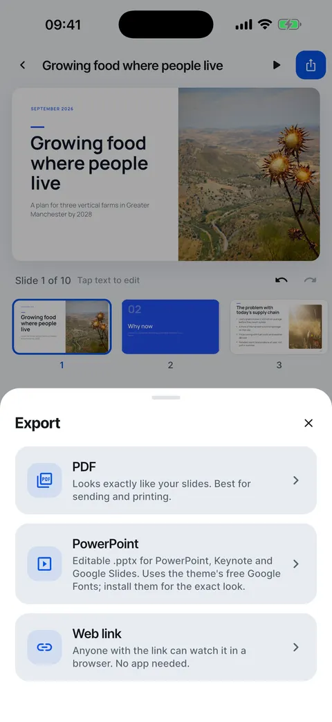 The Export sheet: PDF, PowerPoint and Web link.