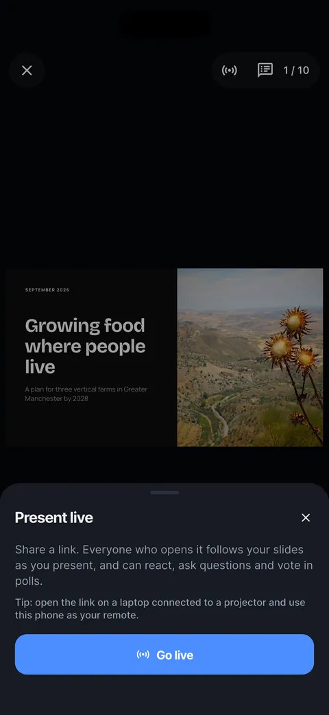 The Present live sheet: Go live, the link to share, and the tip about using the phone as a remote.