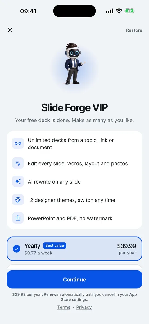 Slide Forge VIP: what it unlocks and the yearly, monthly and weekly plans.