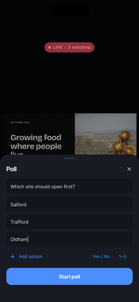 Starting a poll: a question, up to six options, and the Yes / No and 1-5 templates.