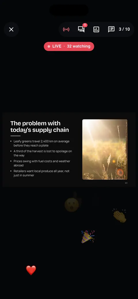 A live presentation: the LIVE badge with the number watching and reactions floating up.