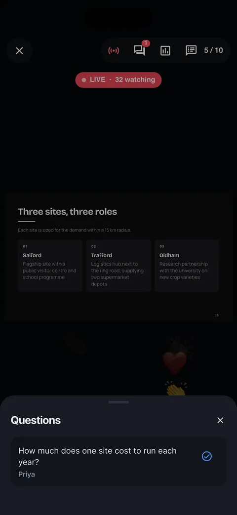 The Questions sheet during a live presentation, with an audience question and Mark answered.