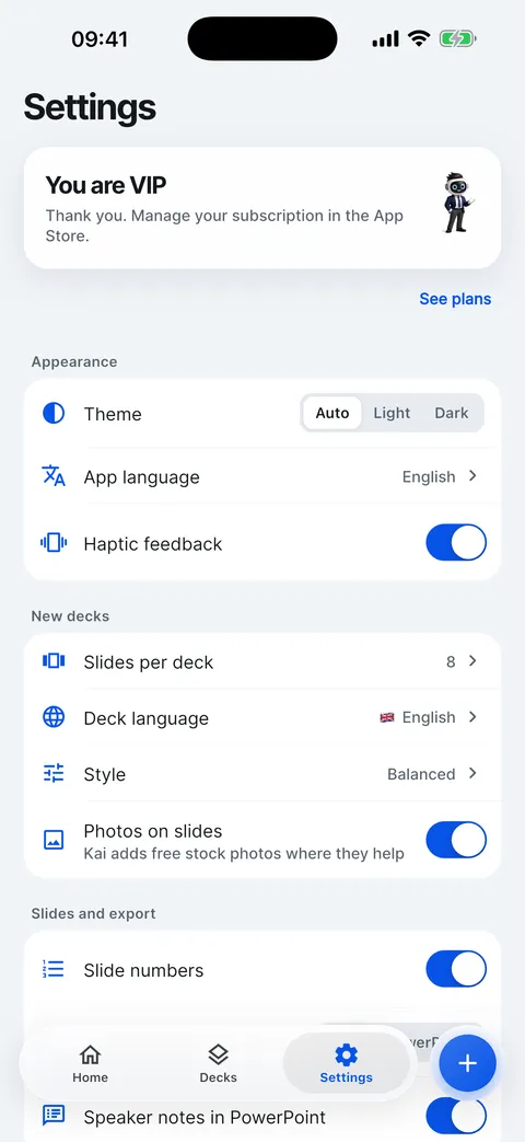 Settings: VIP card, appearance, app language and defaults for new decks.