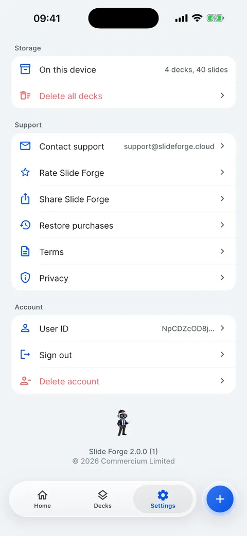 The Support and Account sections of Settings: Restore purchases, User ID, Sign out and Delete account.