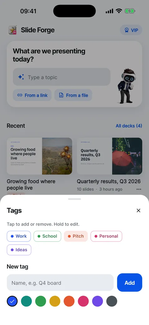 The Tags sheet for a deck: tap to add or remove a tag, hold to edit.